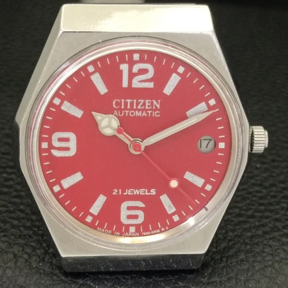 Vintage 1982 Citizen Automatic Mens Silver Watch W/daydate & Red accents